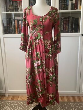 April Cornell Rose Pink Floral Button-Front Maxi Dress